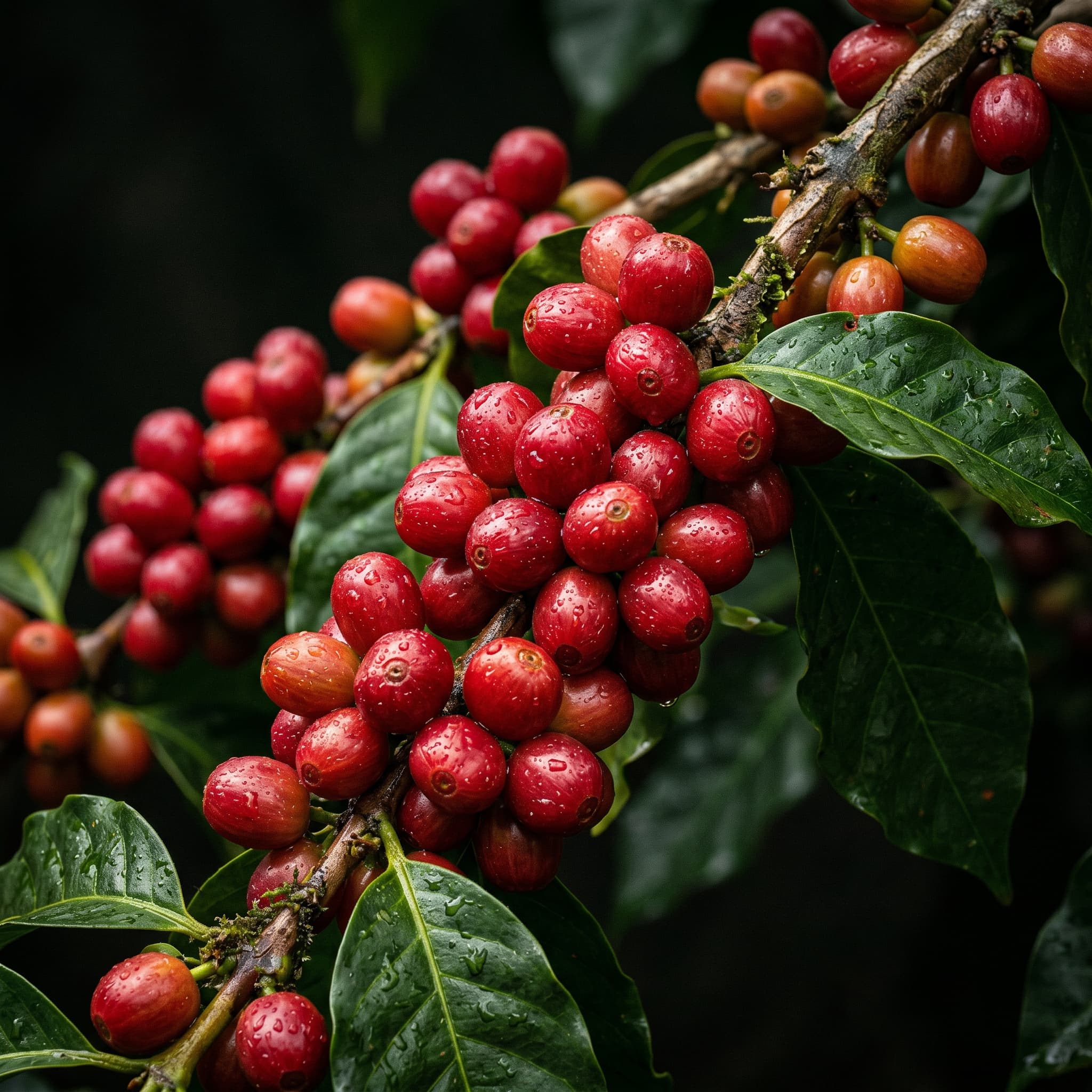 Ripe red coffee cherries on active branches